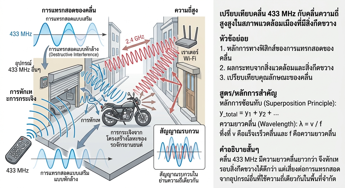 ภาพประกอบแสดงการแทรกสอดของคลื่น 433 MHz กับสัญญาณรบกวนรอบๆ รถจักรยานยนต์